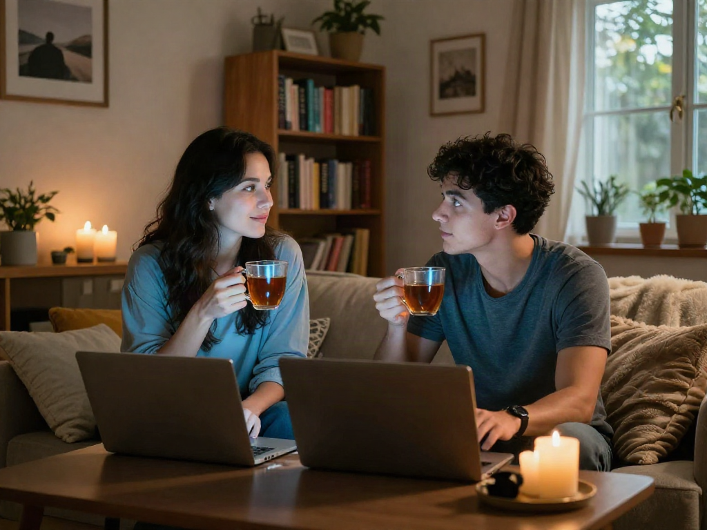Couple enjoying sex chat in cozy living room, engaging by laptop.