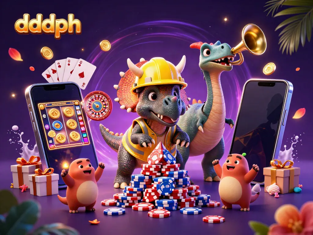 Engage with dddph as cartoon dinosaurs celebrate gaming wins in a vivid casino setting.