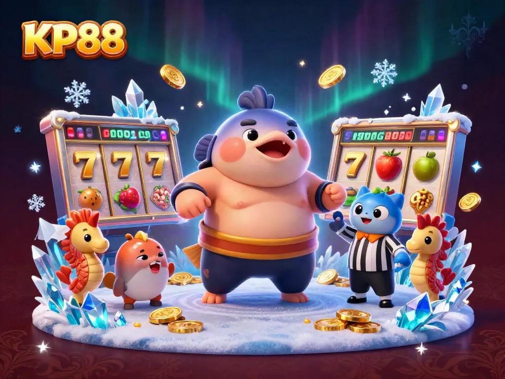 Engage in thrilling slots action at KP88 with an exciting illustration featuring a cartoon fugu, flanked by vibrant slot elements.