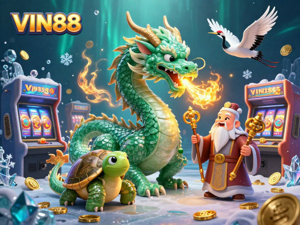 Experience the excitement of winning at VIN88 casino with captivating 3D illustrations of a jade dragon and lucky symbols.