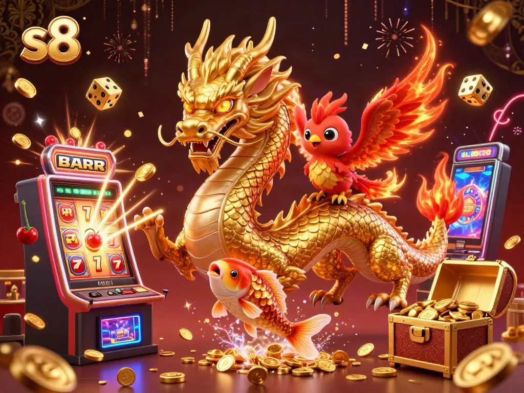 Experience the thrill of the S8 casino with a dynamic golden dragon, phoenix, and koi fish amidst a jackpot explosion.