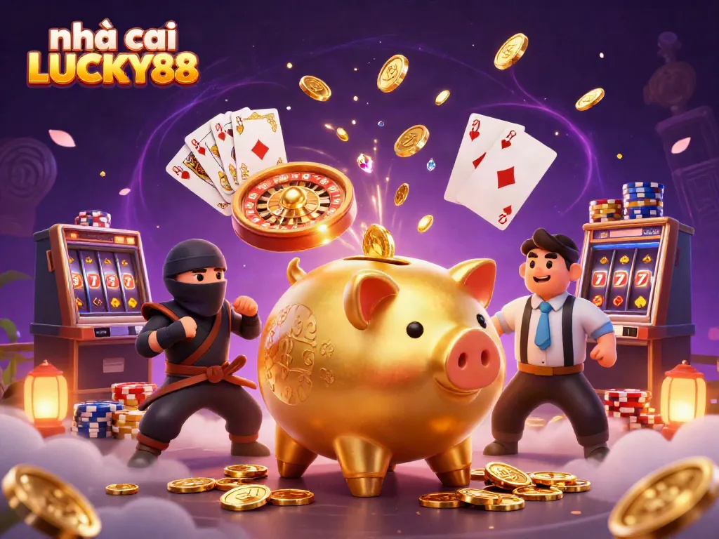 Experience the thrill of betting at nhà cái LUCKY88 with festive characters and casino elements!