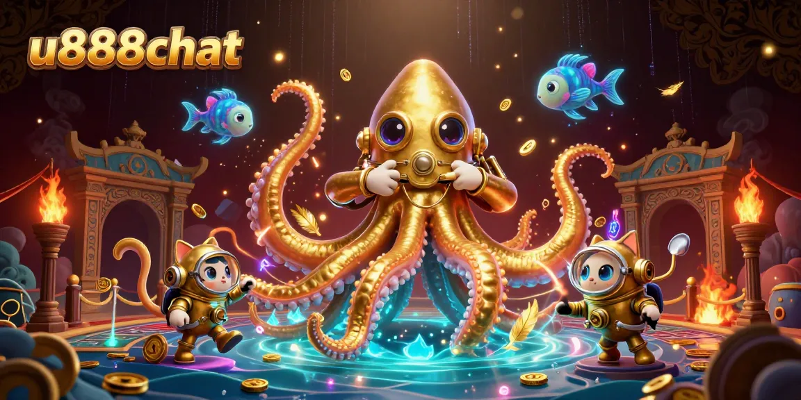 Engage in thrilling gaming with the u888chat kraken and treasure diving cat in this vibrant casino illustration.