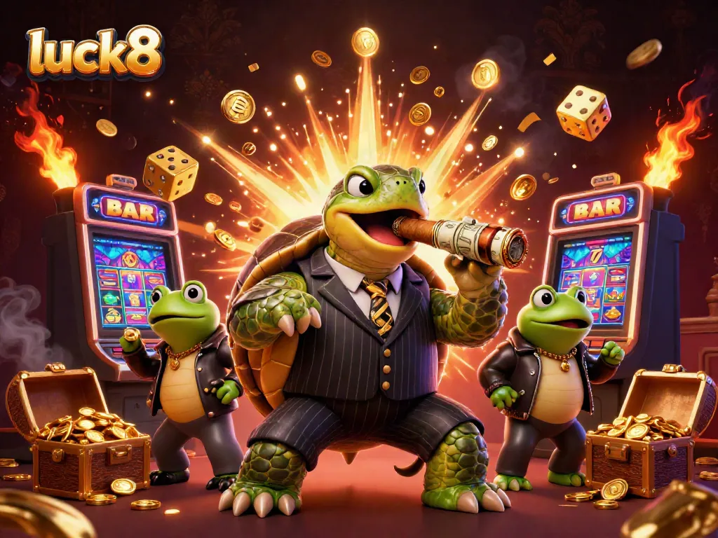 Experience thrilling gameplay at luck8 with dynamic casino elements featuring a turtle mobster and frog enforcers.