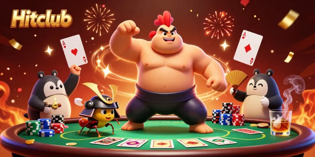 Hitclub promotional scene featuring a powerful sumo wrestler rooster with a dynamic poker setting.