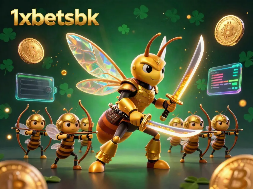 Experience 1xbetsbk's vibrant gambling options with a golden samurai hornet leading dynamic betting elements.