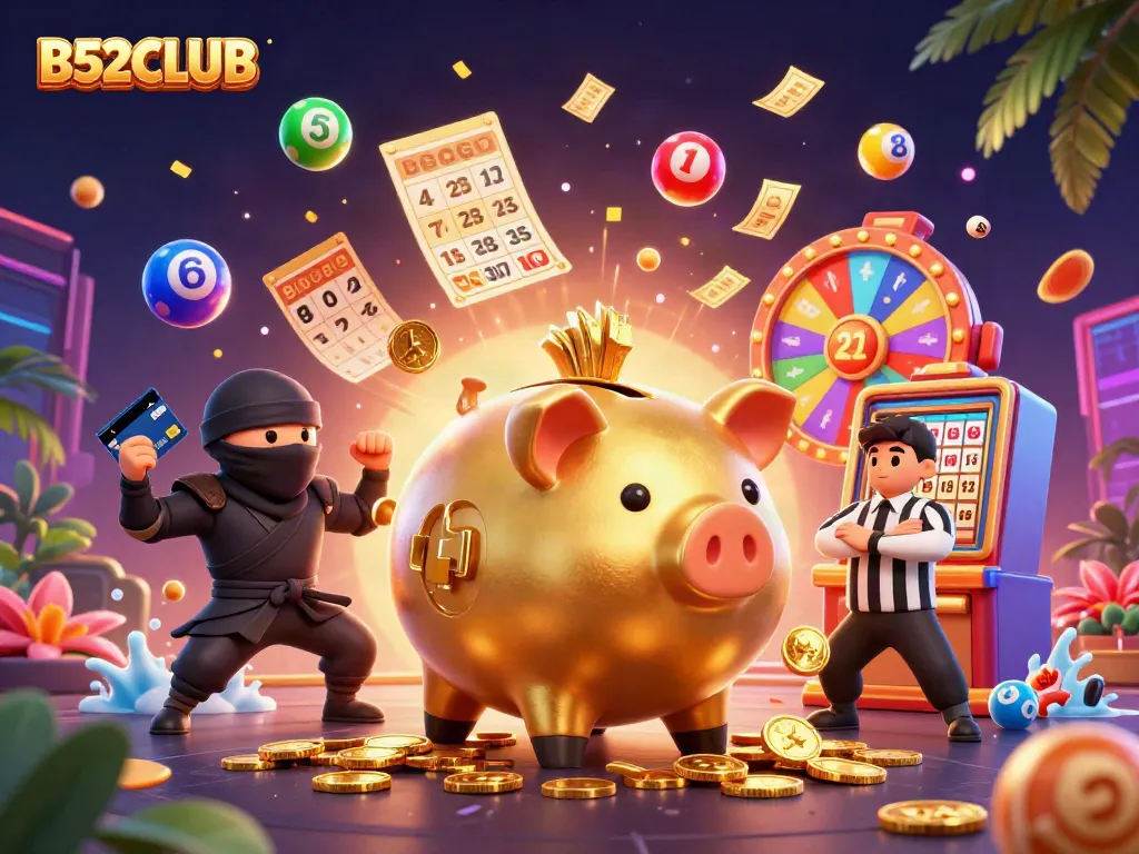 Engage in B52CLUB's thrilling gaming experience featuring a sumo wrestler piggy bank and action-packed visuals.