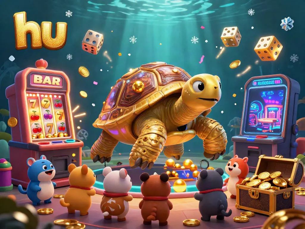 Engage with hu's lively casino atmosphere in this colorful 3D illustration of a colossal tortoise pinball machine.