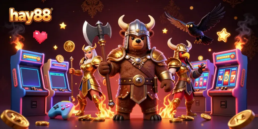 Experience thrilling wins at hay88 with a dynamic casino illustration featuring Viking characters and gaming elements.