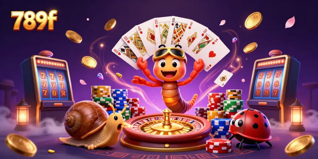 Engage with 789f illustrated casino scene with a cartoon millipede dealer and vibrant game elements.