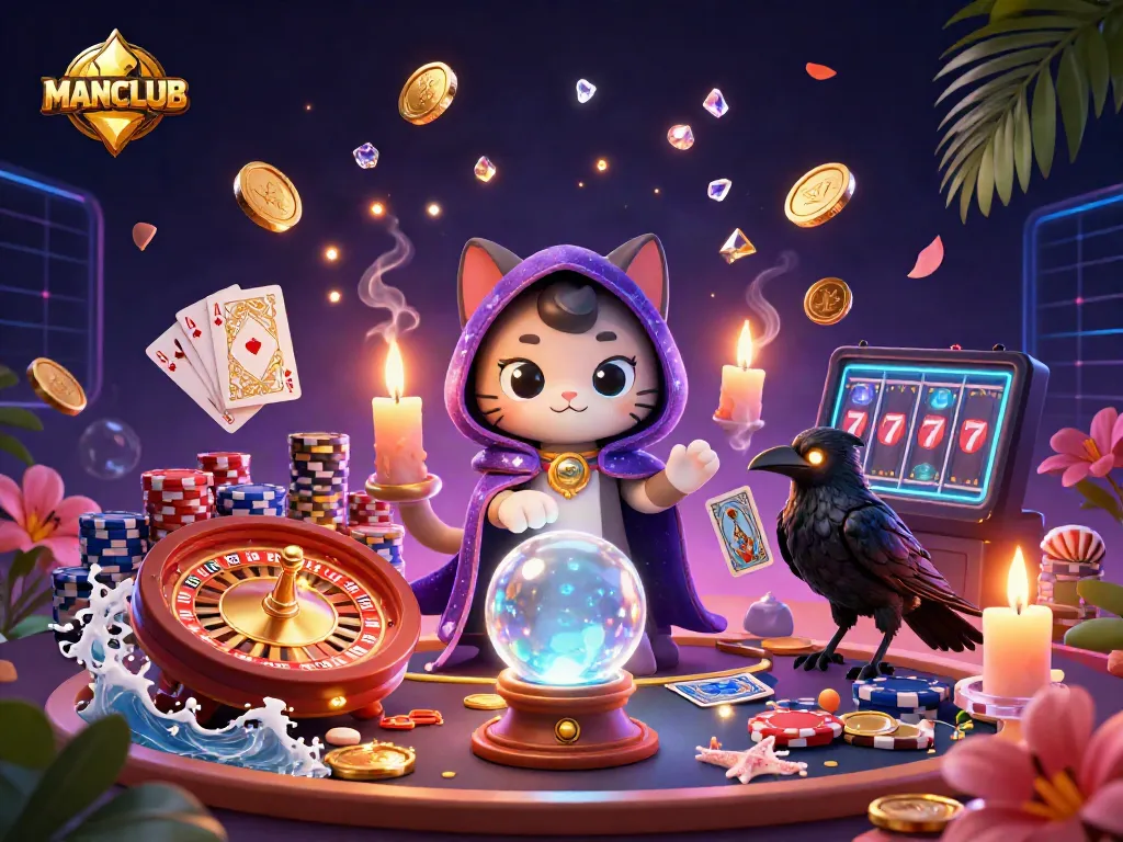 Engage with MANCLUB's vibrant casino scene featuring a mystic cat and glowing raven amidst casino elements.