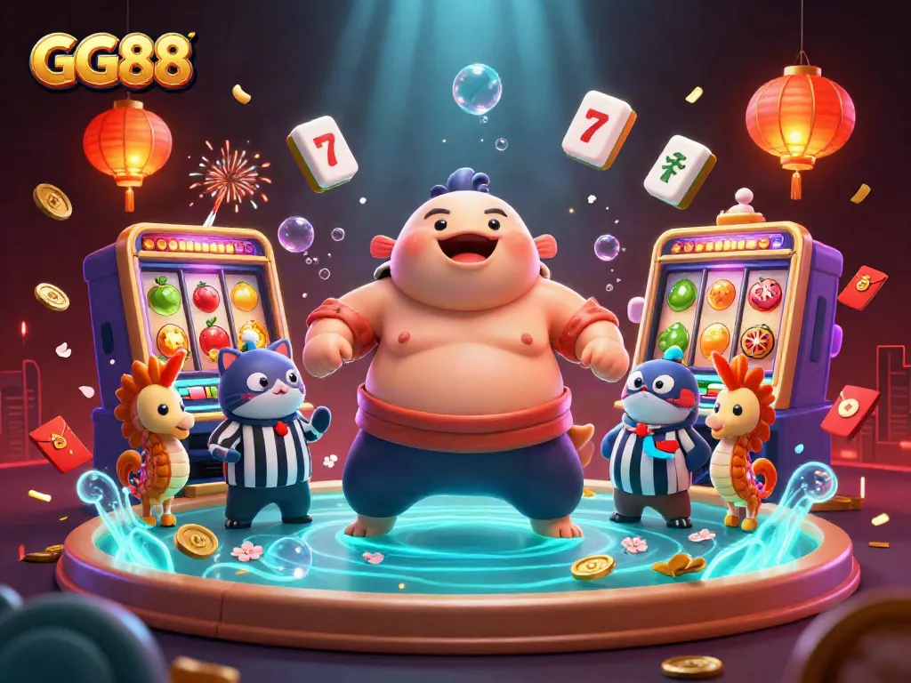 Engage with GG88 in this vibrant 3D underwater casino scene, celebrating slots and gaming excitement.