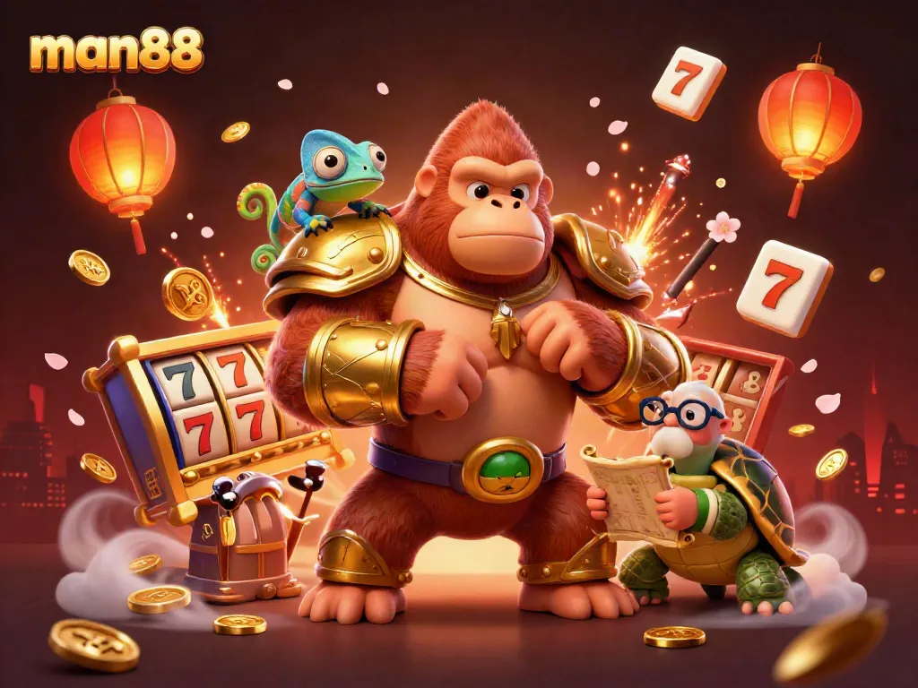 Experience thrilling action at man88 with a 3D gorilla king, colorful chameleon, and wise tortoise in a vibrant casino scene.