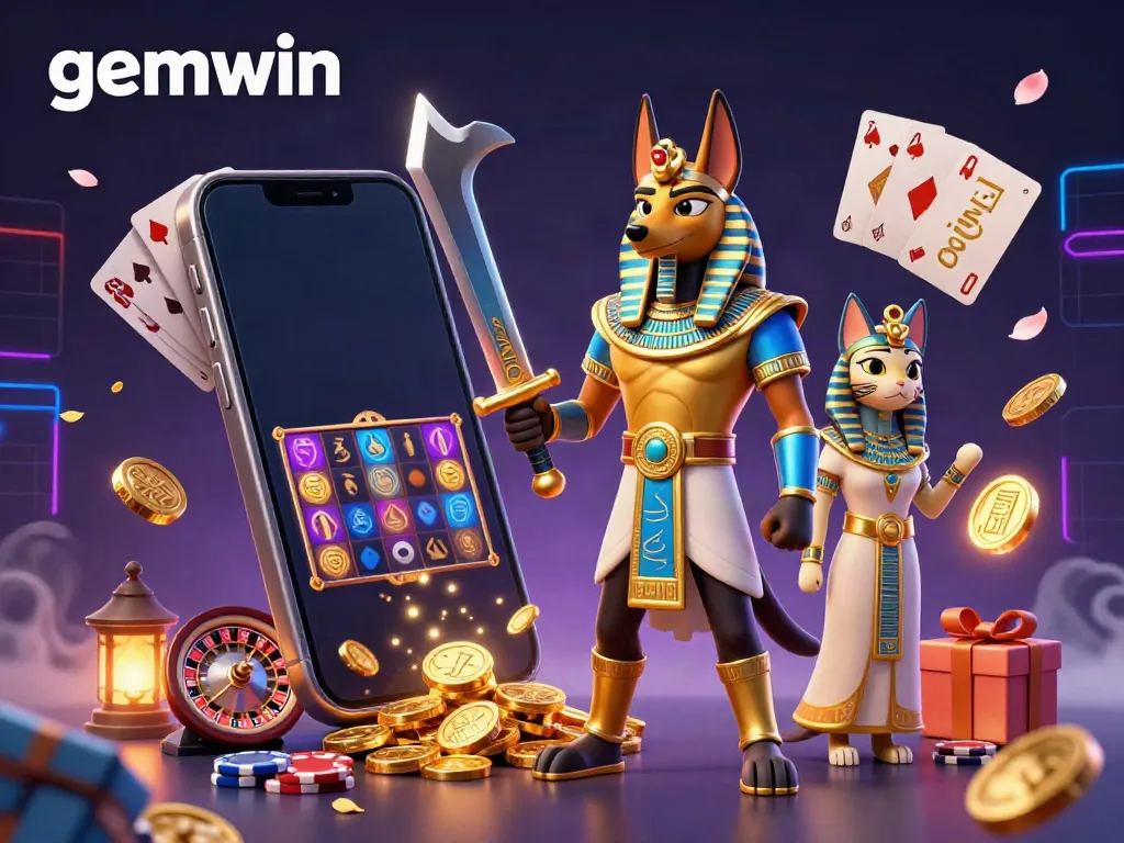 Experience thrilling gaming with gemwin featuring ancient Egyptian warrior Anubis amidst vibrant casino elements.