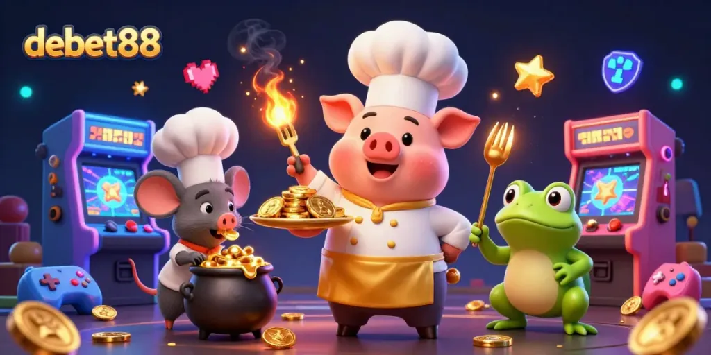 Engage in thrilling gaming with debet88 featuring a chef pig, tasting mouse, and critic frog.