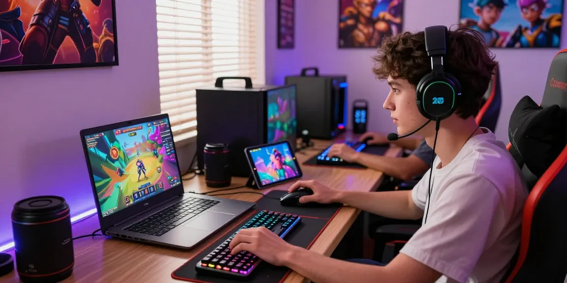 Engaged gamers playing online porn games on various devices in a vibrant gaming room.
