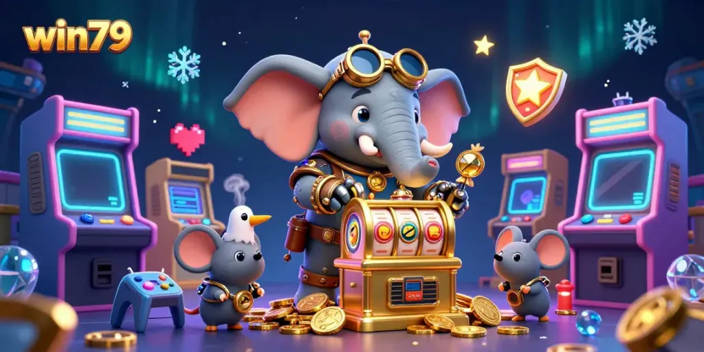 Experience the excitement of win79 with a steampunk elephant operating a golden slot machine in a vibrant casino scene.