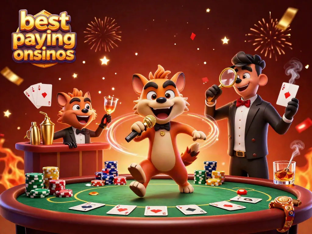 Engaging hyenas performing in a casino, showcasing best paying online casinos with poker elements and vibrant celebration.