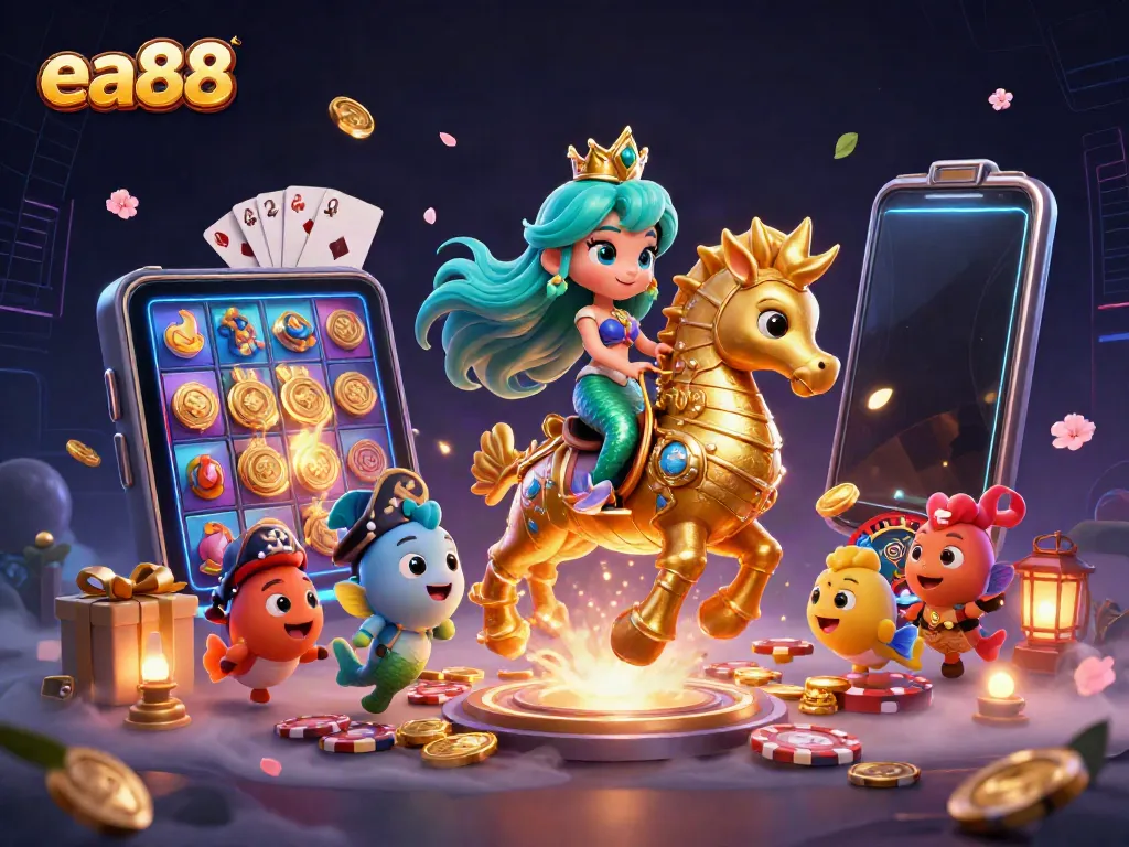 Experience the magic of ea88 with a lively mermaid and seahorse among vibrant casino games.
