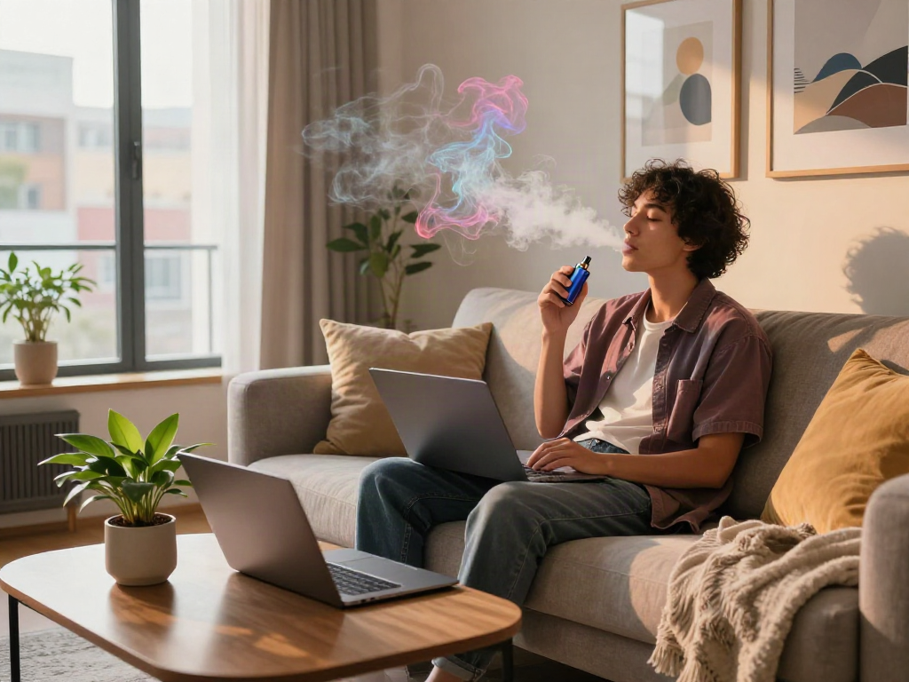 Person exhaling vapor from a raz vape in a stylish urban apartment.