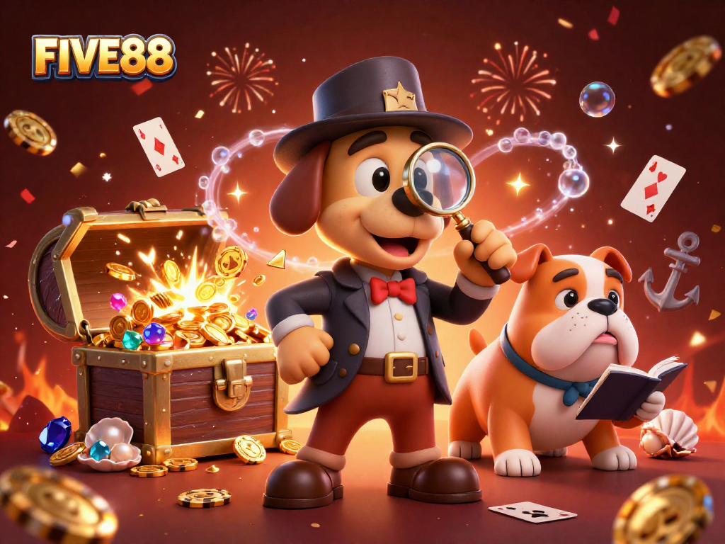 FIVE88 reveals hidden treasures in a vibrant gambling world with gold poker chips and colorful gems.