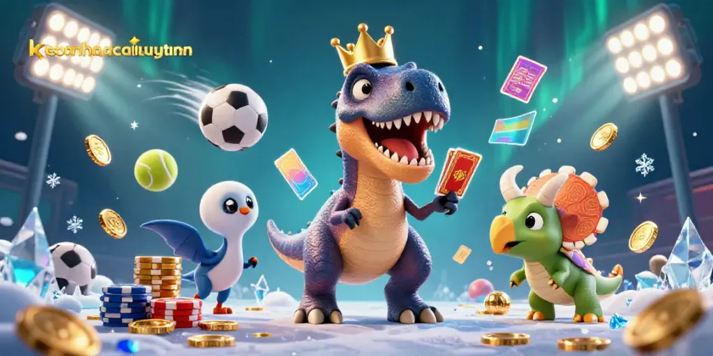 Engaging scene of keonhacaiuytinn featuring dinosaur characters betting on sports while surrounded by dynamic gaming elements.
