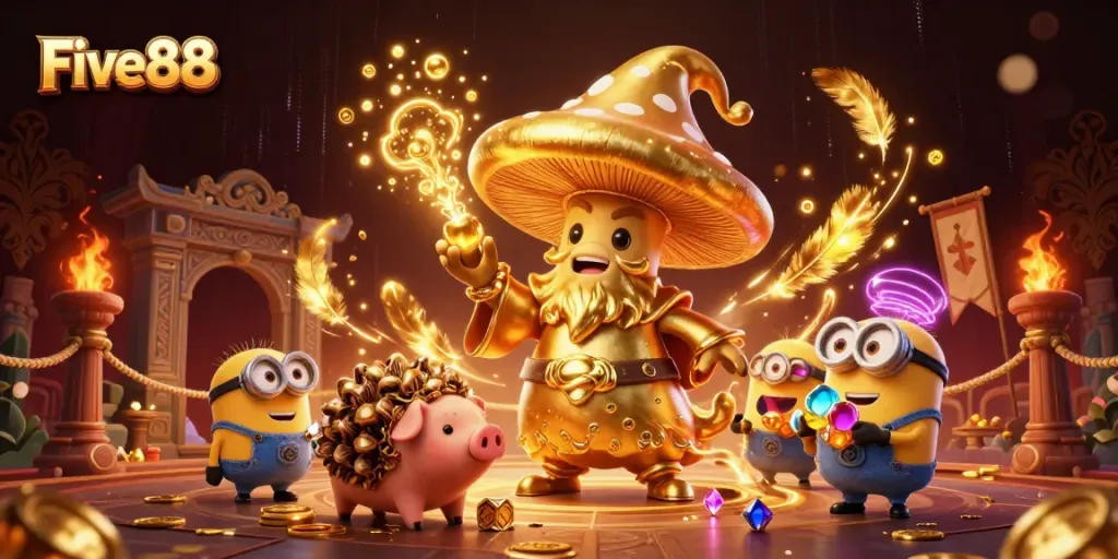 Engage with the thrilling universe of Five88, showcasing an enchanting casino scene with magical elements and treasures.