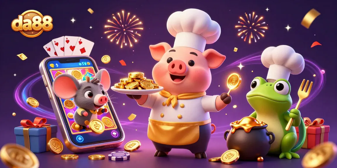 Enjoy thrilling wins at DA88's vibrant casino, where gold coins and slot machines abound.
