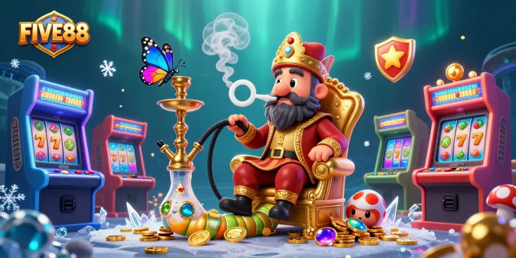 Experience the excitement at FIVE88 with a vibrant casino illustration showcasing gaming elements and characters.
