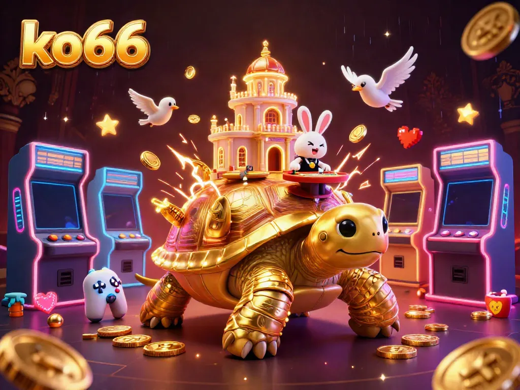 Experience the vibrant casino world with ko66, featuring a golden tortoise casino and playful rabbit dealer.