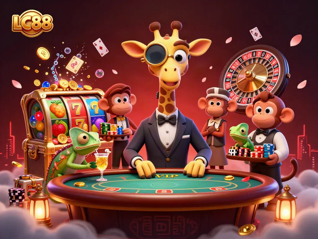 Experience luxury gambling with LC88 at a vibrant VIP poker table surrounded by slot reels and fish game elements.