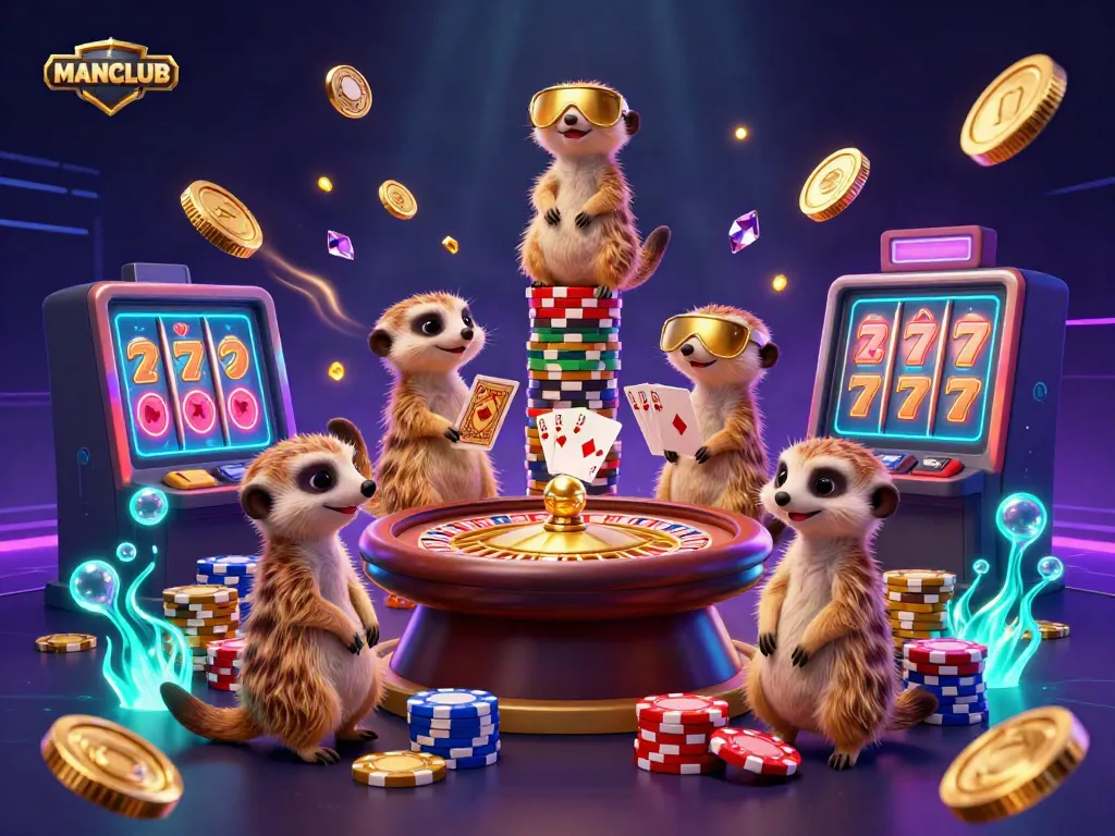 Engage with MANCLUB's lively casino scene featuring meerkats in an action-packed atmosphere.
