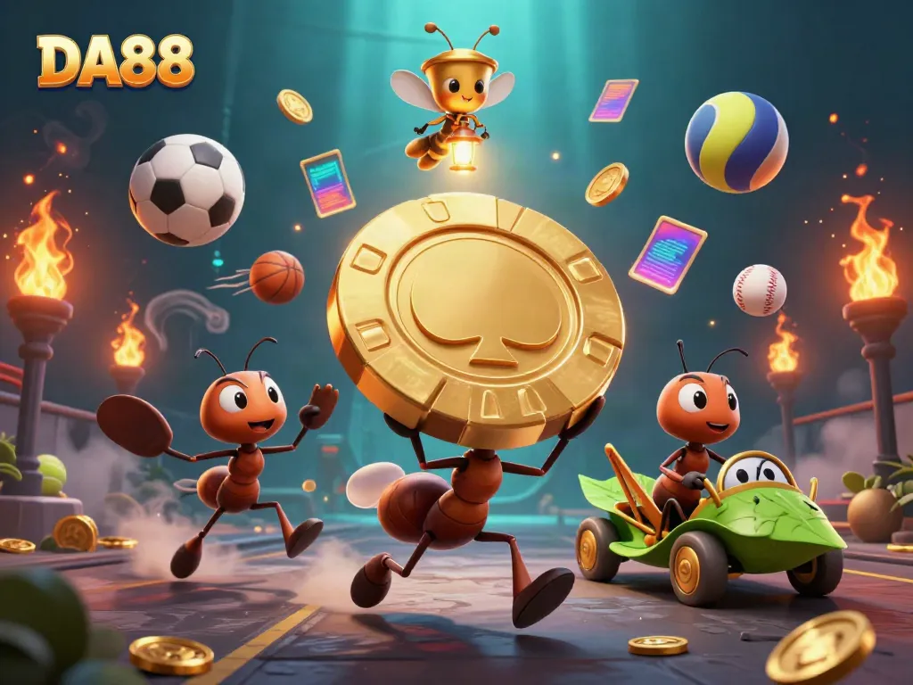 Experience the excitement of DA88 with a dynamic heist scene featuring ants and casino elements.