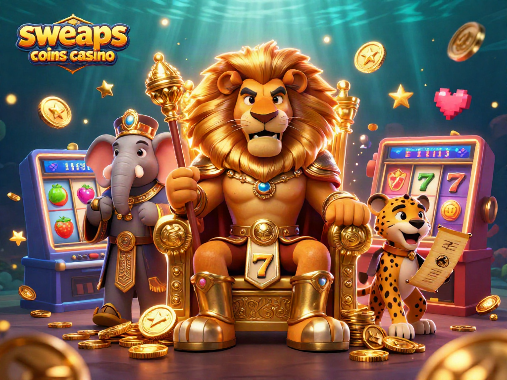 Engage with sweeps coins casino through an action-packed scene featuring a regal lion king and vibrant slot machines.