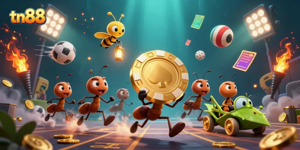 Engage with tn88's vibrant 3D cartoon heist featuring ants, sports elements, and golden chips.