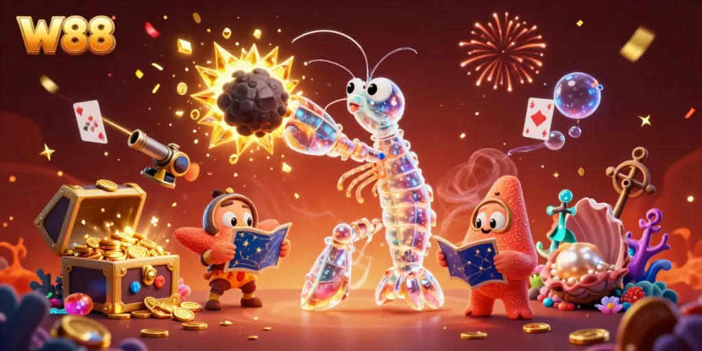 Experience thrilling W88 gameplay as a galactic samurai shrimp battles asteroids bursting with riches.