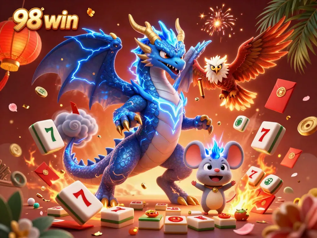 Experience the thrill of 98 win with vibrant casino elements and dynamic characters in this action-packed illustration.