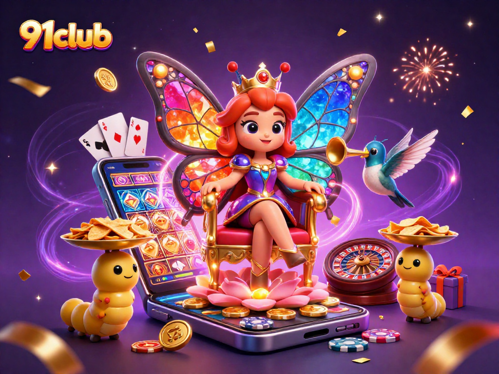 91club offers exciting gaming with a colorful butterfly queen in a rich casino environment.