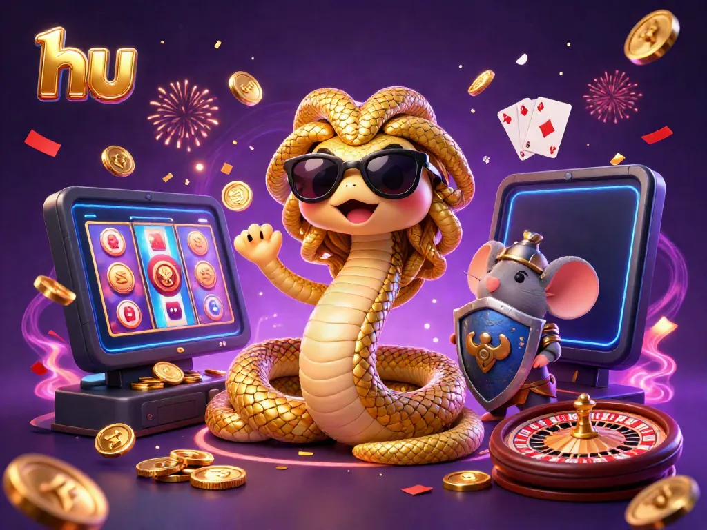 Engage with the exciting hu casino experience featuring Medusa and a warrior mouse amidst celebratory gaming elements.