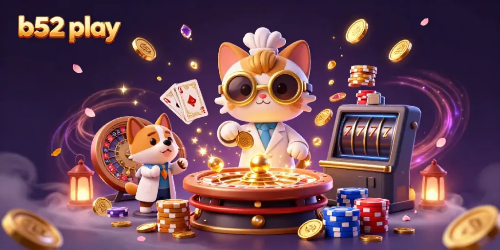 Engage in b52 play with an illustrated scene of a mad scientist cat and his dog assistant among casino symbols and golden treasures.