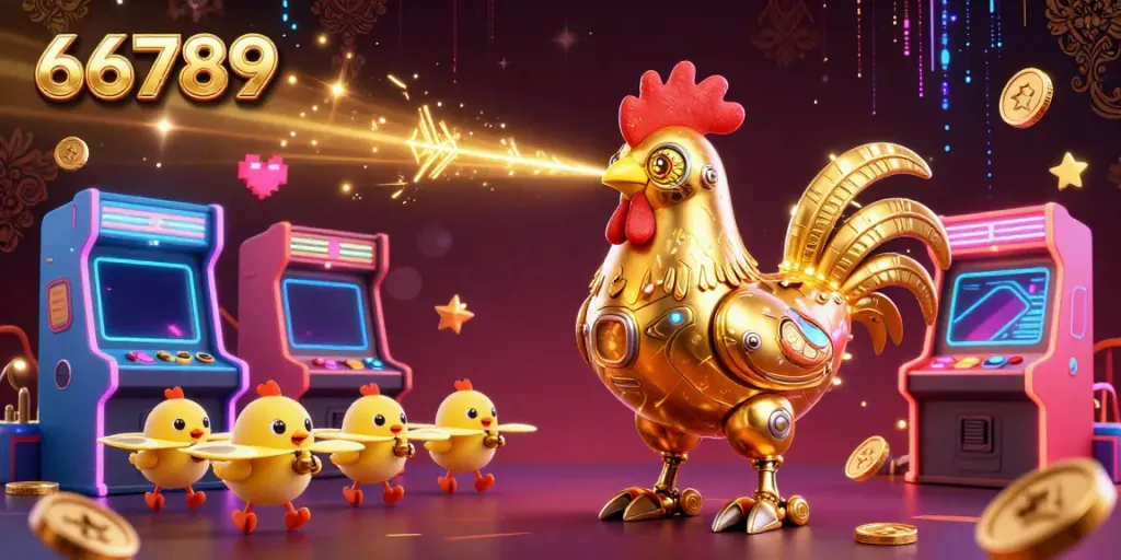 Engage with 66789 in a vibrant 3D casino world featuring a golden rooster robot and arcade elements.