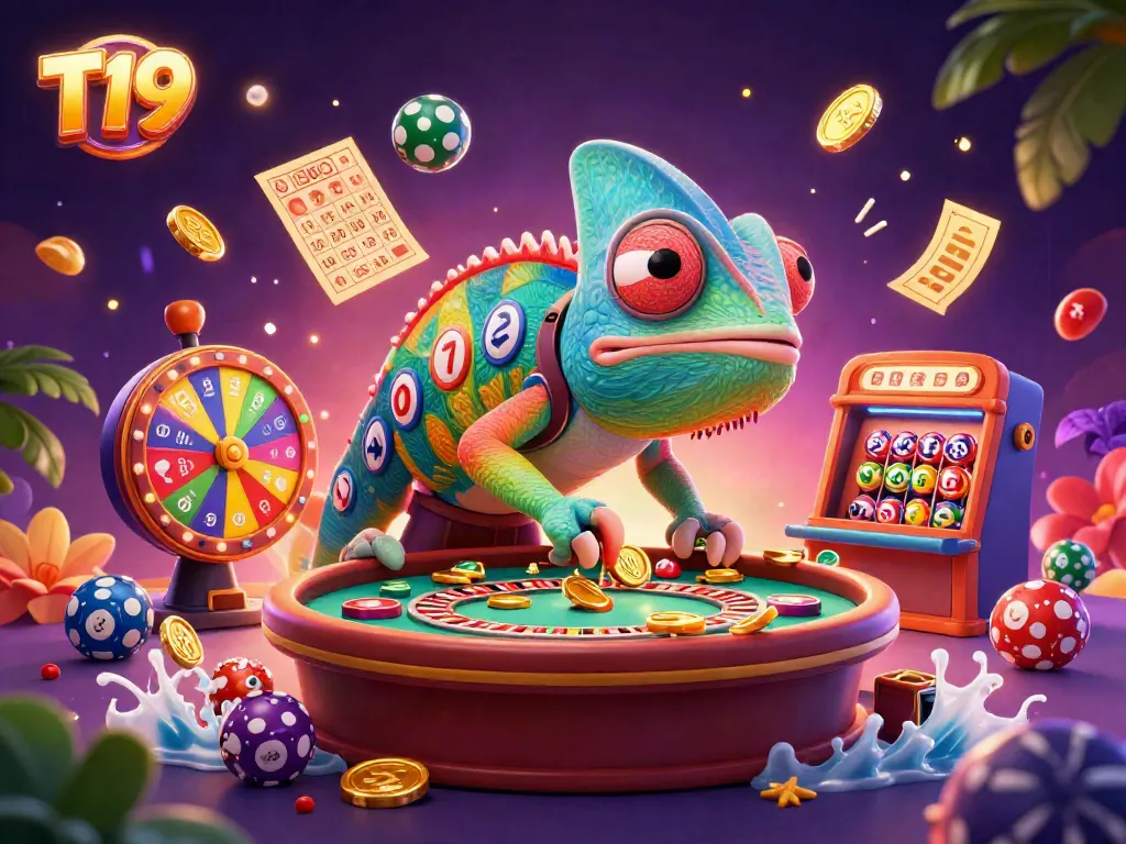 Experience the vibrant T19 casino with exotic chameleon owner and exciting game elements.