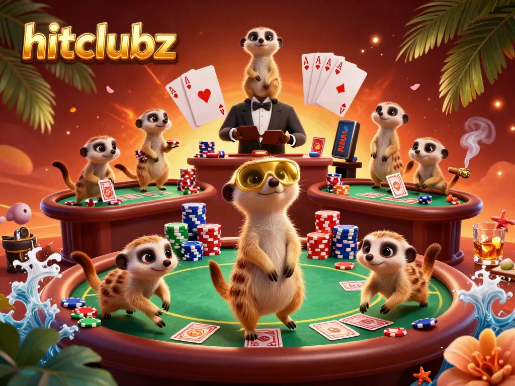 A baby meerkat sneaks chips while others run the casino in a vibrant hitclubz scene.