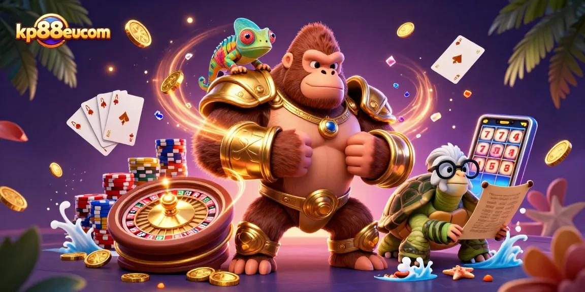 Engage in gambling excitement with kp88eucom, featuring a powerful gorilla king, playful chameleon, and wise tortoise.