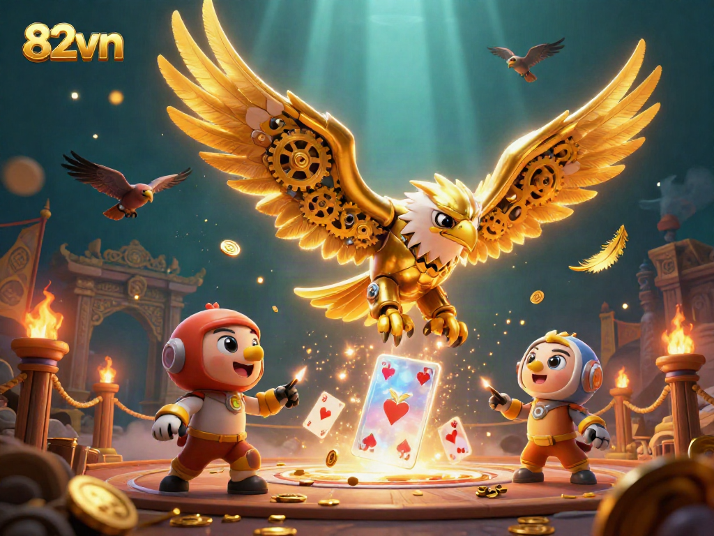 Immerse in the exhilarating world of 82vn with a vibrant 3D casino illustration showcasing action-packed gambling elements.