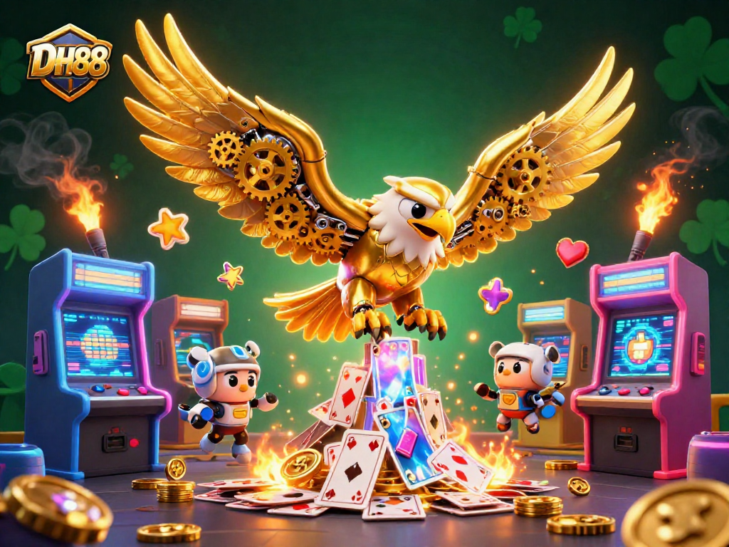 Experience thrilling wins at DH88 with a stunning 3D casino illustration featuring a golden eagle among vibrant gaming elements.