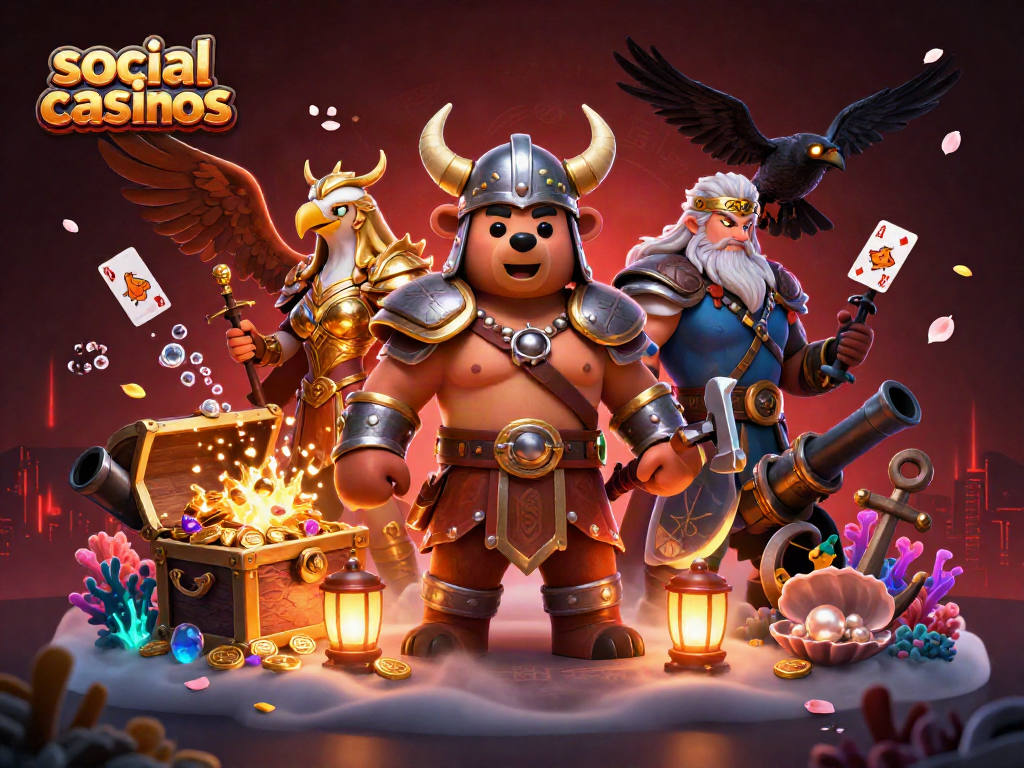 Engage with social casinos in a vibrant scene featuring a Viking bear, Valkyrie eagle, and dynamic treasure.