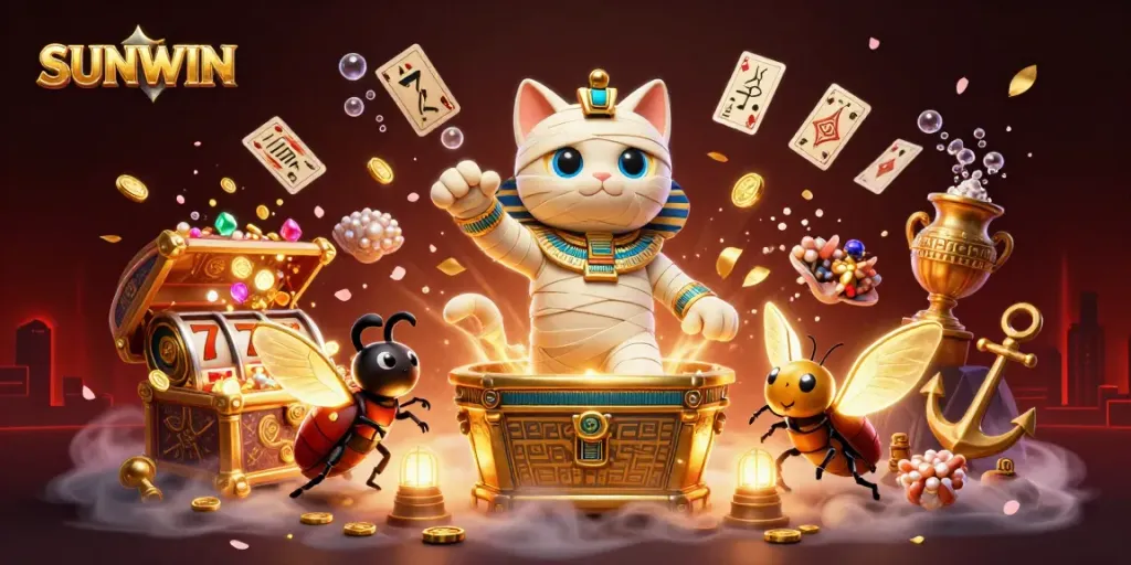 SUNWIN mummy cat bursts from a sarcophagus in a vibrant casino scene with gold coins and cards.