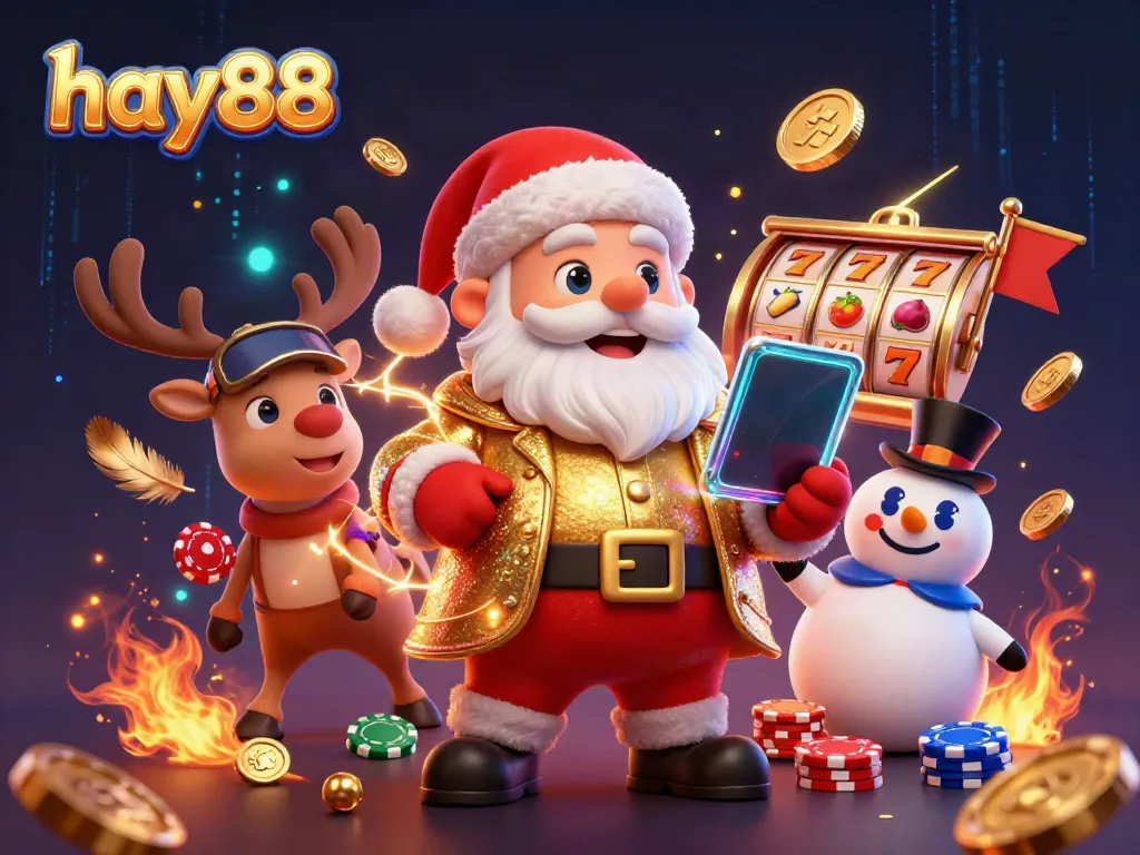 Experience the excitement of hay88 with Santa Claus at a vibrant casino scene featuring jackpot slots.
