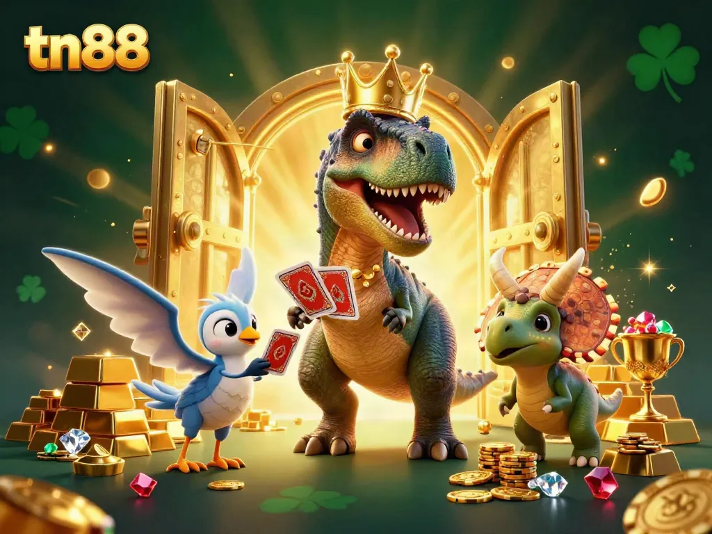 Join the fun at tn88 as a cartoon T-Rex shuffles cards while a triceratops stacks chips in a vibrant casino!